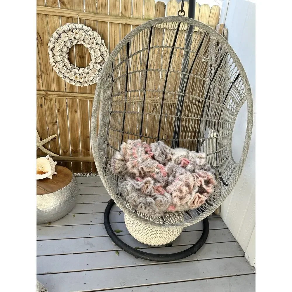 Hand Made LONG Curly Crochet CORKSCREW Throw Blanket FUZZY Grey Beige Pink